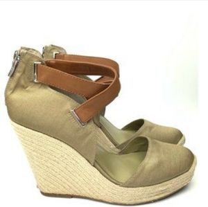 BCBG Generation wedge sandals back zip cover toe canvas with faux leather accent